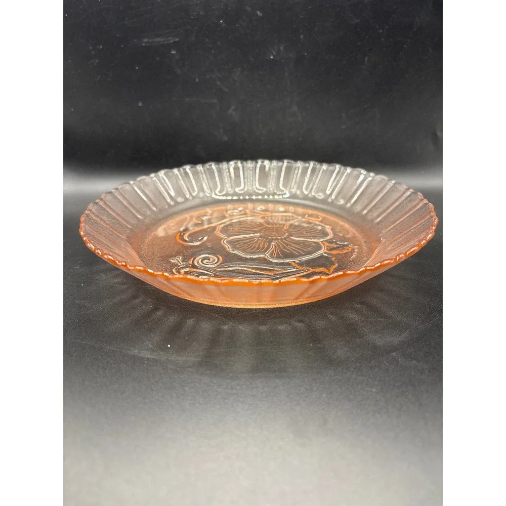 Vintage Pink Glass Bowls Plates Set of 4 Nova Crisa Mexico Hibiscus Floral Retro - Picture 2 of 6